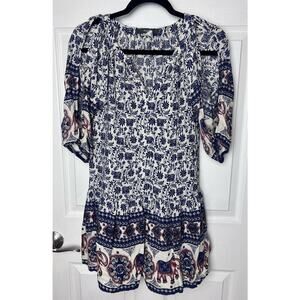 Rhapsody Women’s Navy Elephant Print Cold Shoulder Dress Boho Size XXS